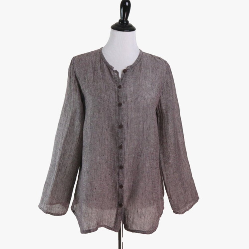Eileen Fisher Size S Woven Linen Button Down Blouse Brown